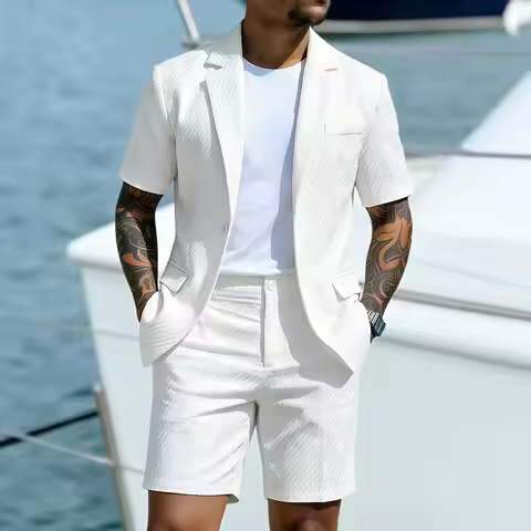 Men Suit Set Summer British Style Solid Color Short Sleeve Male Outfit Slim Breathable Business Wedd