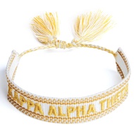 Kappa Alpha Theta Bracelet — Woven Bracelet, White and Gold Design with KAT Sorority Name and Tassel