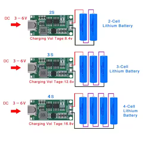 Type-C BMS 2S/3S/4S 1A-4A 18650 Lithium Battery Charger Step-Up Boost Module for Li-Po Polymer Power