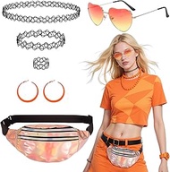 6 Piece 90s Outfit Women's Set, 80s 90s Neon Party Outfit with Bum Bag Orange, Heart Glasses, Earrin