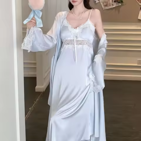 Spring New Nightgown Women Bride Wedding Dress Sweet Lace Patchwork Robe Set Nightdress Elegant Ling