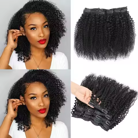 Jerry Curly Brazilian Clip Ins - Human Hair 7Pcs Set - 16-24 Inch 3B 3C Curly - Blend Well Natural -