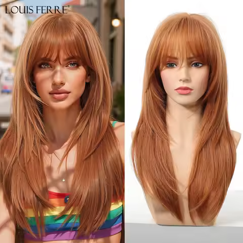LOUIS FERRE Long Synthetic Wigs With Bangs For Women Natural Straight Layered Fake Hair Party Cospla