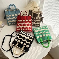 Candy Color Striped Knitted Bag with Belt Big Size Phone Bag Checkerboard Design Woven Small Shopper