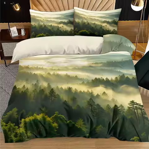 3pcs Foggy Mountain Valley, Lush Forest, Sunny Sky Printed Bedding - Includes 1 Quilt Cover and 2 Pi