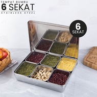 Seasoning Box Tempat Bumbu Rempah Topping Kacang-kacangan Granola 6 Sekat Aesthetic Stainless steel