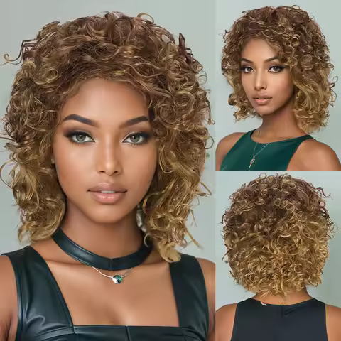 "Golden African small curly, fluffy, short curly, explosive hair, African small curly wig" Synthetic