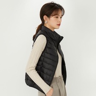 UNIQLO เสื้อกั๊กสำหรับผู้หญิงเสื้อแจ็คเก็ตน้ำหนักเบาฤดูใบไม้ร่วงและฤดูหนาวเสื้อนอกเสื้อกั๊กแบบบางคอต