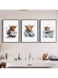 3入組有趣的蘇格蘭高地牛浴室印花畫布,牛浴缸,動物浴缸,浴室藝術印花海報,浴室壁飾,浴室幽默,異想天開的動物肖像,農舍裝飾,農場動物壁畫,無相框