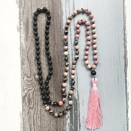 Pink Black Rhodonite Lava Stone Mala Necklaces Knotted 108 Beads Mala Necklace Handmade Long Tassel