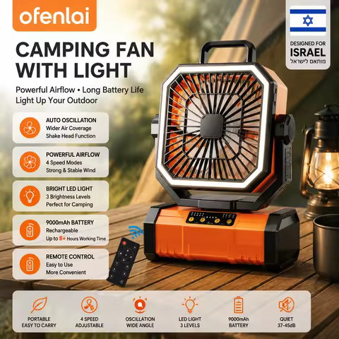 OFENLAI 9000mAh Outdoor Camping Fan with LED Light & Remote Rechargeable Oscillating Desk Fan
