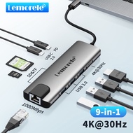 Lemorele TC39 ฮับ USB C 9 in 1 Gbps อีเธอร์เน็ต 4K HDMI 100W PD 3 USB-A SD/TF ข้อมูล USB อะแดปเตอร์