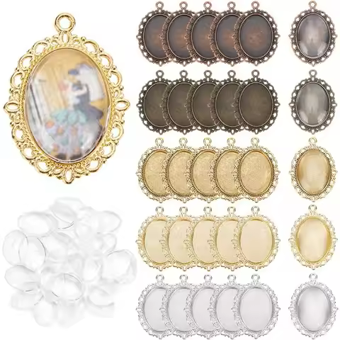 60pcs Pendant Tray Kit 30pcs 5 Color Oval Pendant Blank Bezel 30pcs 25 x 18mm Glass Cabochon Dome Ti