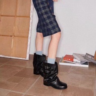 Retro Korean Style Western Cowboy Shoes Belted Knight Shoes Thick Heels Pile Keep Boots
