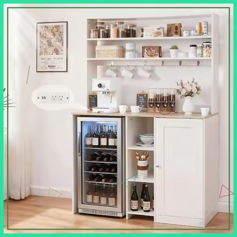 Mini Fridge Cabinet with Storage, Coffee Bar & Power Outlet - Kitchen Beverage Station for Dorm, Liv