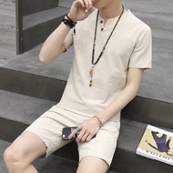 Chinese Style Cotton Linen Men's Casual Short-Sleeved T-Shirt Suit Retro Fashion 2-Button Suit Men's