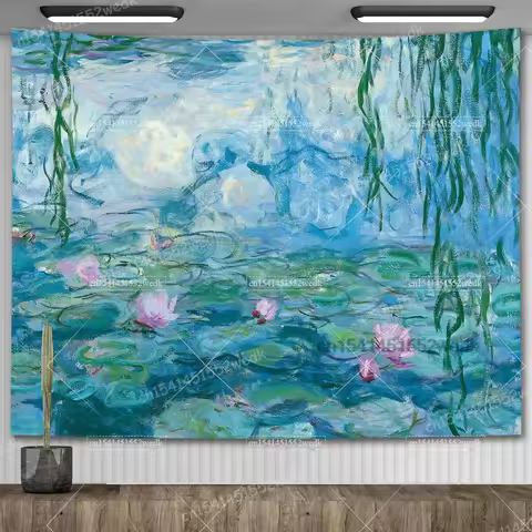 Claude Monet Water Lily Oil Painting Tapestry Wall Hanging Aesthetic Room Decor Artwork Landscape Ta
