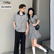 Korean summer men's and women's couple outfit Set, men's shirt, baby doll skirt, women's plaid GU CO