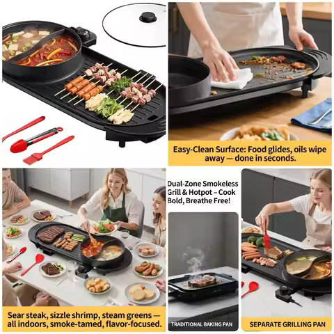 AORAN 2200W Electric Grill & Hot Pot Combo with Dual Zone Control - 26.6' Large Yin-Yang Nonstick