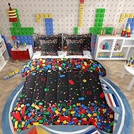 3D Building Blocks Bedding Sets Construction Comforter Set 7 Piece Bed in a Bag Twin,for Boys,Colorf