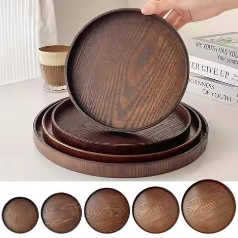 Vintage Round Serving Tray Wooden 21/24/27/30/33cm Wood Platte Food Bread Pan Breakfast Dinner