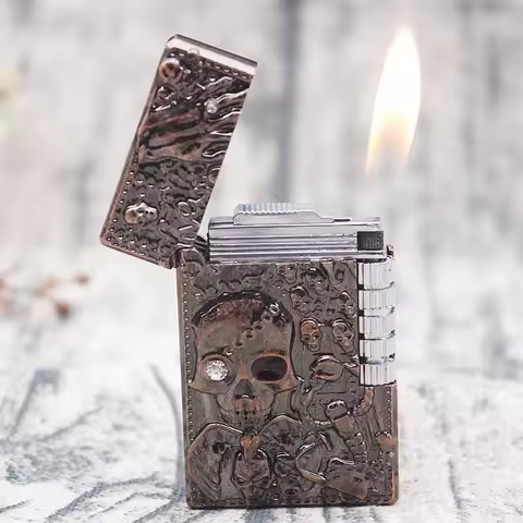 Creative Metal Skull Bright Sound Refillable Gas Lighters Grinding Wheel Flint Tobacco Lighters Men 
