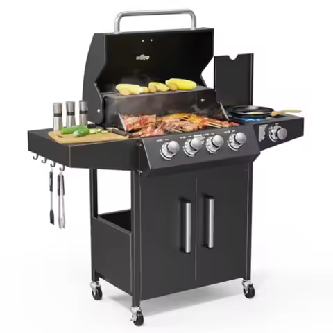 Outdoor propane gas grill for patio backyard barbecue cooking, enameled cast iron grates, black fini