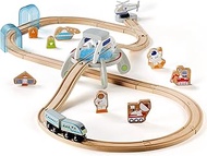 SainSmart Jr. Toddler Wooden Train Set, Wood Spaceship Station with Astronaut, Alien and Helicopter, Space Theme Tracks Fits Brio, Thomas, Melissa and Doug for 3+ Kids