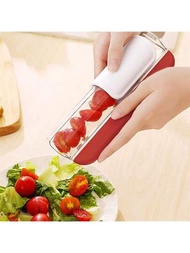1個綠色的多功能水果切片器，適用於葡萄、番茄、櫻桃、蔬菜