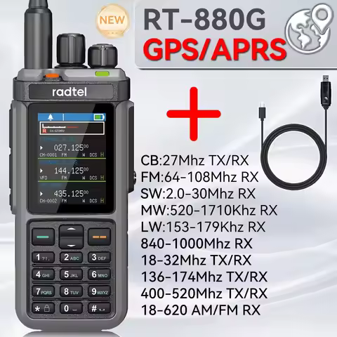 Radtel RT-880G +Programming Cable Ham Radio 10w 1024 CH with AM SSB CB rx, USB LSB CW CB LW MW SW 20