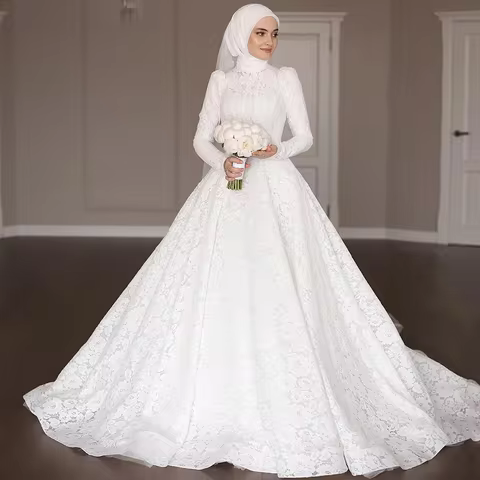 Flavinke Customized Muslim Wedding Dresses Long Sleeves Ball Bridal Gown Sweep Train Dubai Dresses W