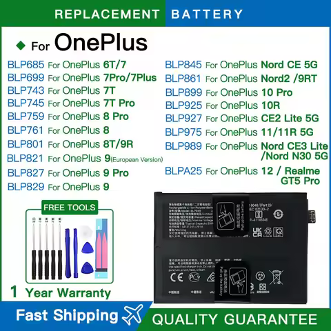 Replacement Battery For Oneplus 12 11 10 Pro 9 8 7 6 8T 7T 9R 10R Battery For One Plus BLP899 BLP827