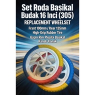 Set Roda Basikal Budak 16 Inci (305) Replacement Wheelset - Front 100mm / Rear 135mm - High-Grip Rub