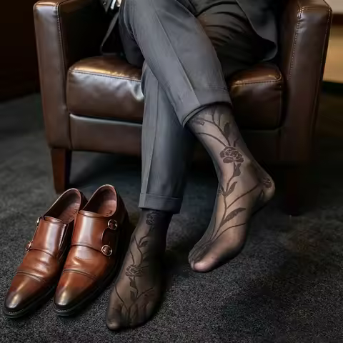 Men's Sheer Black Rose Floral Over-the-Calf Dress Socks Transparent Mesh Knee High Long Hosiery for 