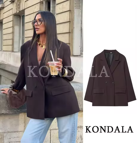 KONDALA Elegant Commute Double-breasted Blazer Women Vintage Brown Buttons Blazer 2026 Spring Summer