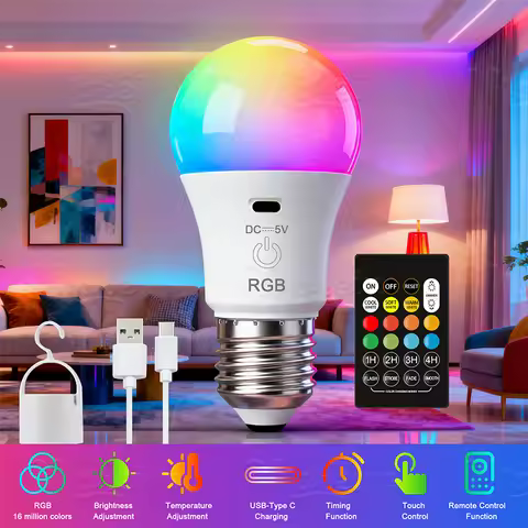5V Touch RGCW Color USB Led Bulb Rechargeable Lights Smart Bulb Dimmable E27 Bulbs With Timing Cordl