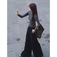 inner baju lengan panjang inner baju T-shirt lengan panjang bahu kelabu wanita dengan kemeja bawah y