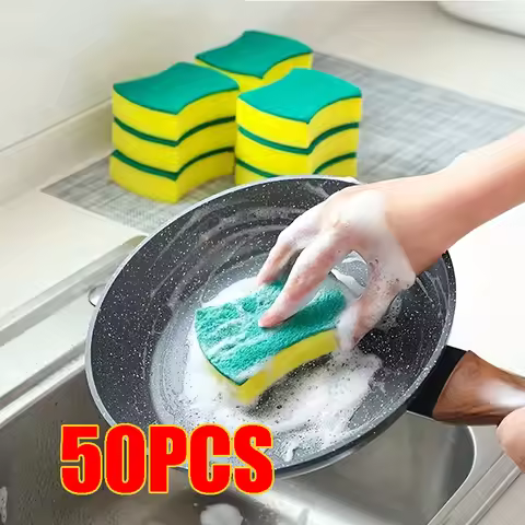 50p-2cs Scouring Pad Double Sided Scrub Bowl Pot Cleaning Sponge Dish Washing Kitchen Tools Home Cle