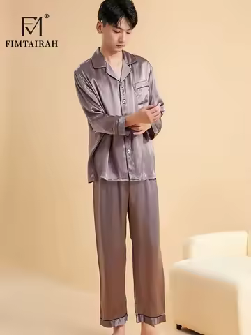 Fimtairah Real 19MM 100% Mulberry Silk Pajamas Men's Autumn Hangzhou Solid Color heavy Silk Home Wea