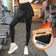 กางเกงโยคะไซส์ใหญ่สำหรับฤดูใบไม้ร่วงและฤดูหนาวผู้หญิงบุขนกำมะหยี่หนาสำหรับคนอ้วน MM ปลอมสองชิ้นวิ่งก