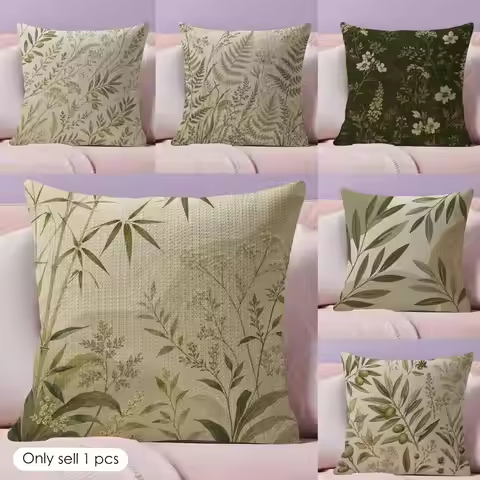 Retro Shabby Herbal Green Leaf Plant Cushion Cover Durable Hypoallergenic Organic Linen Short Pillow