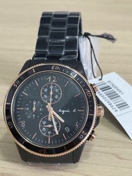 全新 正貨 agnès b. Anges b海外限定三環 石英黑鋼計時手錶 43mm (B7A004X1)大圈鋼帶（精工 seiko ) Chronograph Quartz Watch