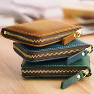 dompet perempuan dompet perempuan kecil Handmade Short Zipper Dark Grid Retro Wallet Leather Goods