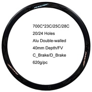 700C Road Bike Rims Clincher 40mm Depth 20 24 Holes Disc Brake Alu Double Wall C Brake FV 23C 25C 28C Tyre ajmU