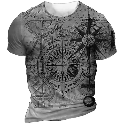 Vintage Compass T Shirt Men 3d Print Navigation Compass Men's Crew Neck Short Sleeve Oversized Tops 