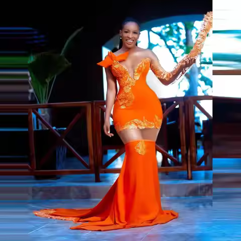 Orange Mermaid Prom Dress See through with Open Long Sleeves Black Girls Evening Robe Appliques Deta