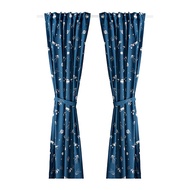 AFTONSPARV 窗簾附布腰 2件裝, 太空 藍色/白色, 120x250 公分
