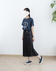 Moci心心圖案拼接牛仔中長身裙