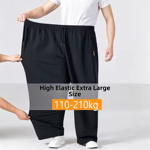 Men Plus Size Ice Silk Casual Pants Elastic Waist Straight Wide Leg Sport Trousers 4XL-9XL Breathabl