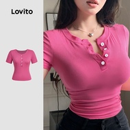 Lovito Casual T shirt Button Front Colorblock Button Spring/summer Rose Red T shirt for Women L138ED